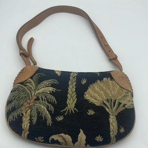 Tommy Bahama Tapestry Purse Bag Adjustable Leather Strap Palm Trees Black